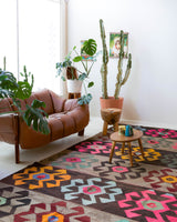 Vintage kilim rug in living room setting, bright colors, wild shaman, soft rug, bold color, Portland, Oregon, rug store, rug shop, local shop, vintage rug, modern kilim, warm colors