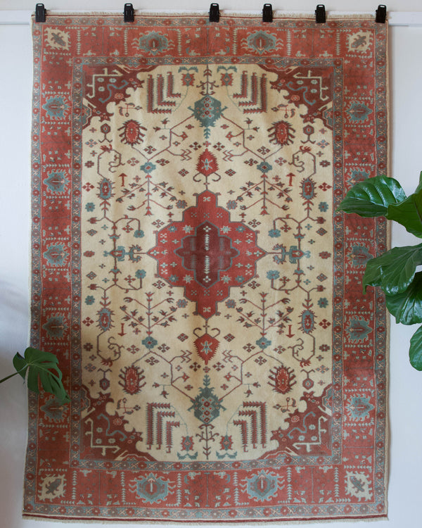 Vintage Turkish rug in living room setting, old rug, antique rug, pastel colors, faded colors, Turkish rug, vintage rug, soft rug, Portland, Oregon, rug store, rug shop, local shop