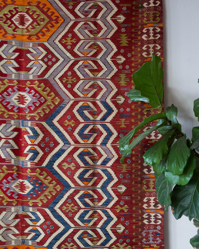 Vintage kilim rug in room decor setting, old rug, antique rug, pastel colors, faded colors, Turkish rug, vintage rug, soft rug, Portland, Oregon, rug store, rug shop, local shop, bold colors, bright colors, faded colors, antique kilim