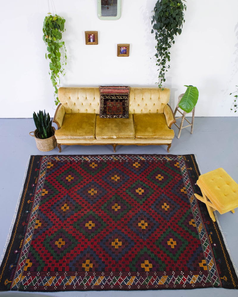 black, red, old rug, vintage kilim, flat weave, antique, oushak, portland rug shop, rug store, wild shaman