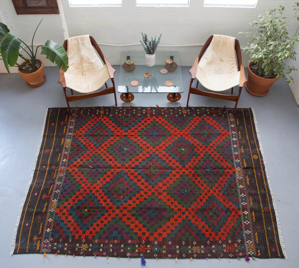 black, red, old rug, vintage kilim, flat weave, antique, oushak, portland rug shop, rug store, wild shaman