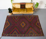 orange, green, mustard, yellow, black, red, old rug, vintage kilim, flat weave, antique, oushak, portland rug shop, rug store, wild shaman