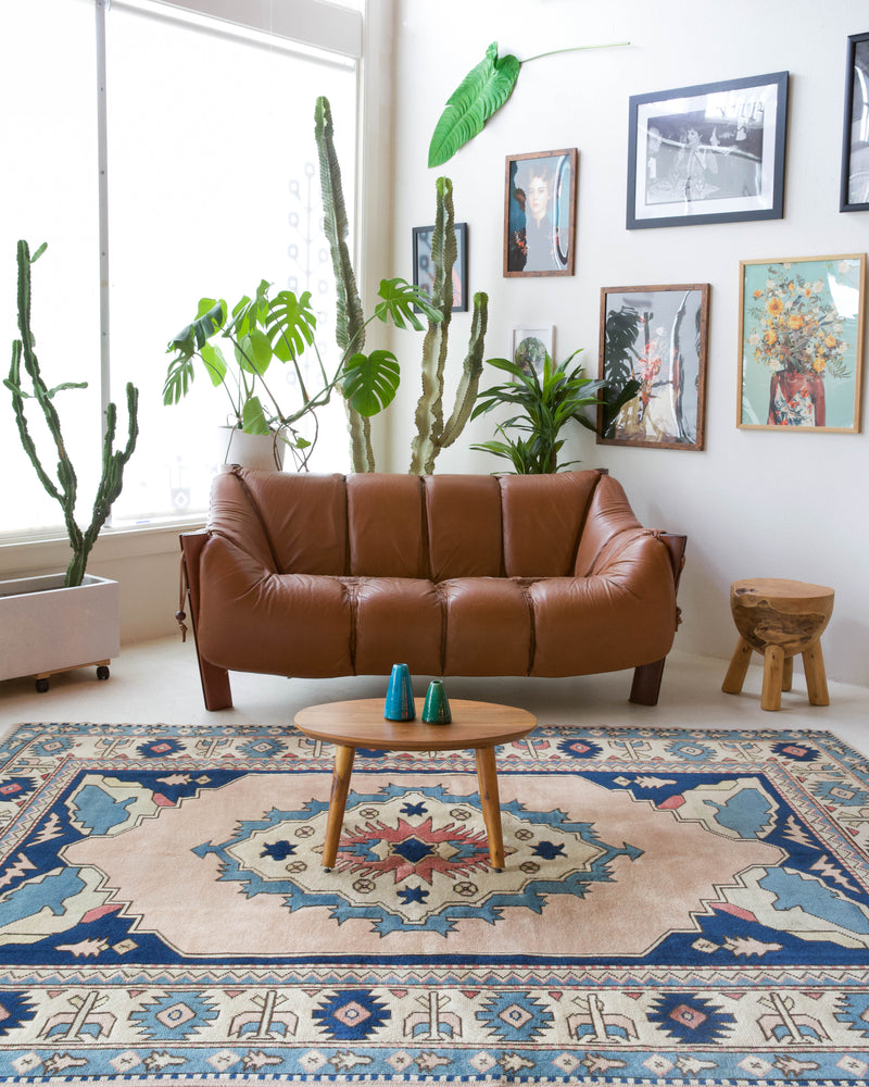 Vintage Turkish rug in living room setting, old rug, antique rug, pastel colors, faded colors, Turkish rug, vintage rug, soft rug, Portland, Oregon, rug store, rug shop, local shop