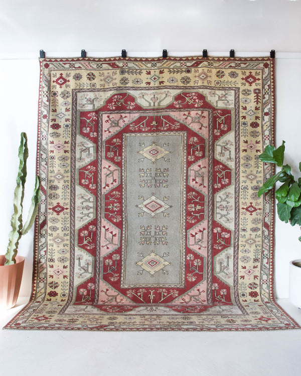 Vintage Turkish rug in living room setting, old rug, antique rug, pastel colors, faded colors, Turkish rug, vintage rug, soft rug, Portland, Oregon, rug store, rug shop, local shop