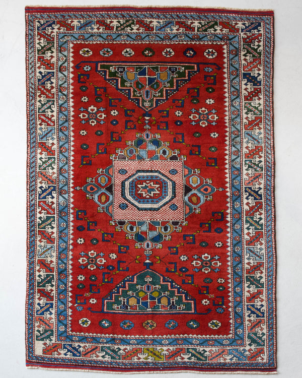 Vintage Turkish rug in a living room setting, pile rug, Turkish rug, vintage rug, portland, rug shop, bright colors, wild shaman, soft rug, bold color, Portland, Oregon, rug store, rug shop, local shop, antique rug