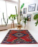 Vintage Turkish rug in a living room setting, pile rug, Turkish rug, vintage rug, portland, rug shop, bright colors, wild shaman, soft rug, bold color, Portland, Oregon, rug store, rug shop, local shop, antique rug