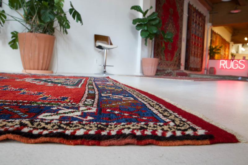 Vintage Turkish rug in a living room setting, pile rug, Turkish rug, vintage rug, portland, rug shop, bright colors, wild shaman, soft rug, bold color, Portland, Oregon, rug store, rug shop, local shop, antique rug