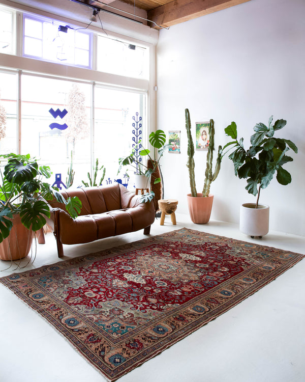 Vintage Turkish rug in a living room setting, pile rug, Turkish rug, vintage rug, portland, rug shop, bright colors, wild shaman, soft rug, bold color, Portland, Oregon, rug store, rug shop, local shop, antique rug