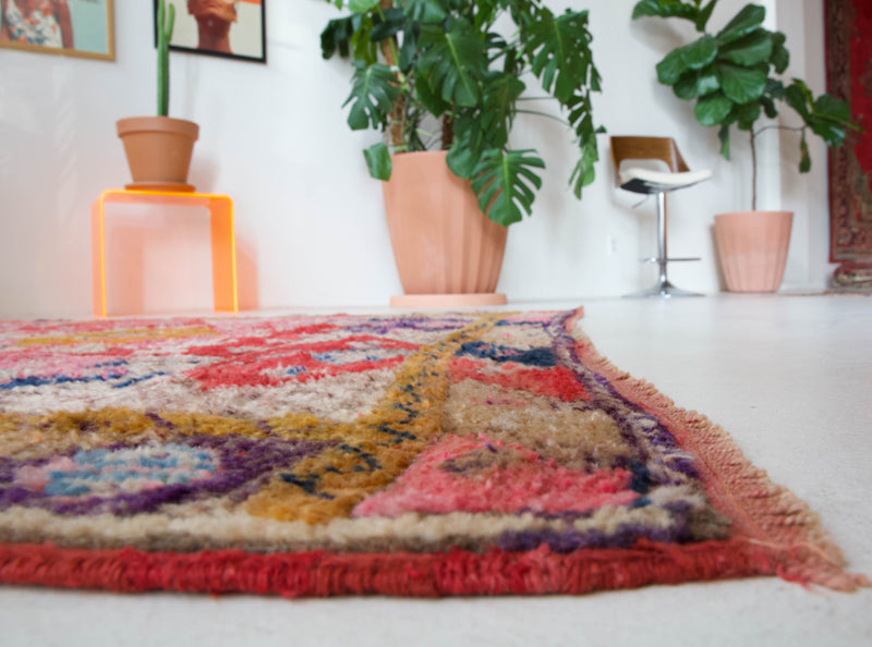 Vintage Turkish rug in living room setting, old rug, antique rug, pastel colors, faded colors, Turkish rug, vintage rug, soft rug, Portland, Oregon, rug store, rug shop, local shop