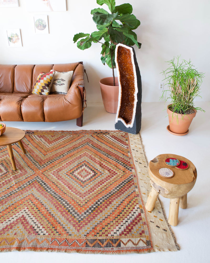 old rug, antique rug, earthy colors, faded colors, Turkish rug, vintage rug, flat weave, kilim rug, large area rug, square rug, Wild Shaman, Portland, Oregon, rug store, rug shop, local shop