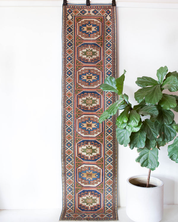 Vintage Turkish runner rug in living room setting, old rug, antique rug, pastel colors, faded colors, Turkish rug, vintage rug, soft rug, Portland, Oregon, rug store, rug shop, local shop