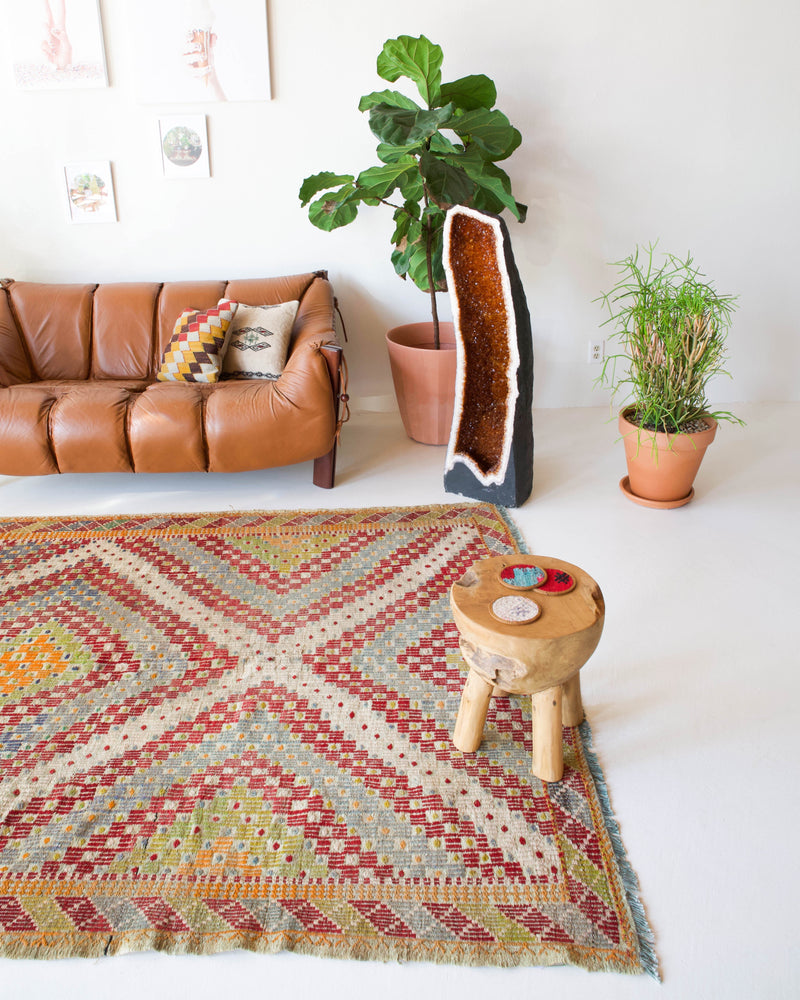 old rug, antique rug, earthy colors, faded colors, Turkish rug, vintage rug, flat weave, kilim rug, large area rug, square rug, Wild Shaman, Portland, Oregon, rug store, rug shop, local shop