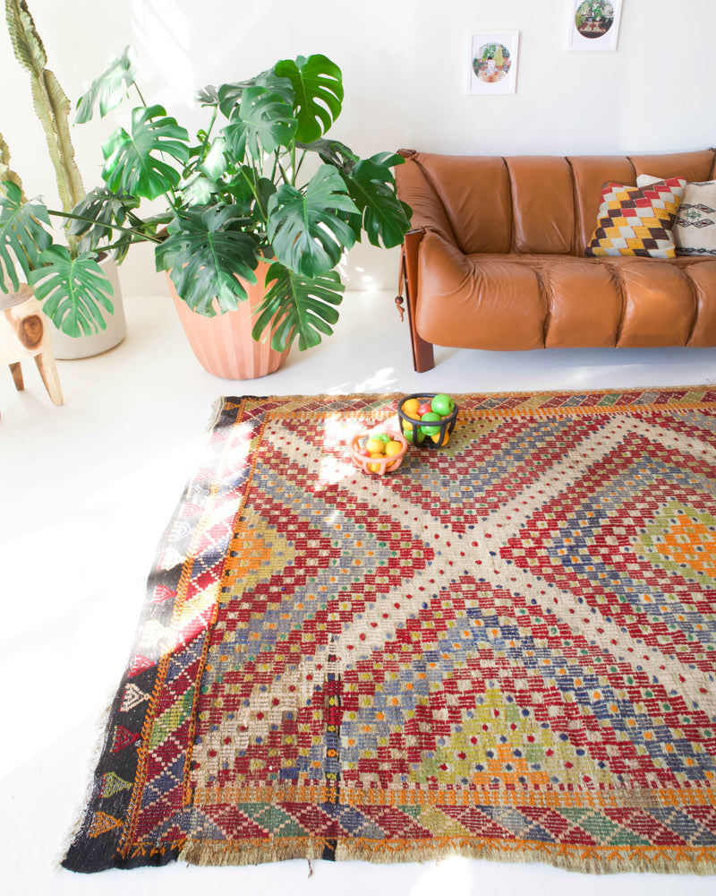 old rug, antique rug, earthy colors, faded colors, Turkish rug, vintage rug, flat weave, kilim rug, large area rug, square rug, Wild Shaman, Portland, Oregon, rug store, rug shop, local shop