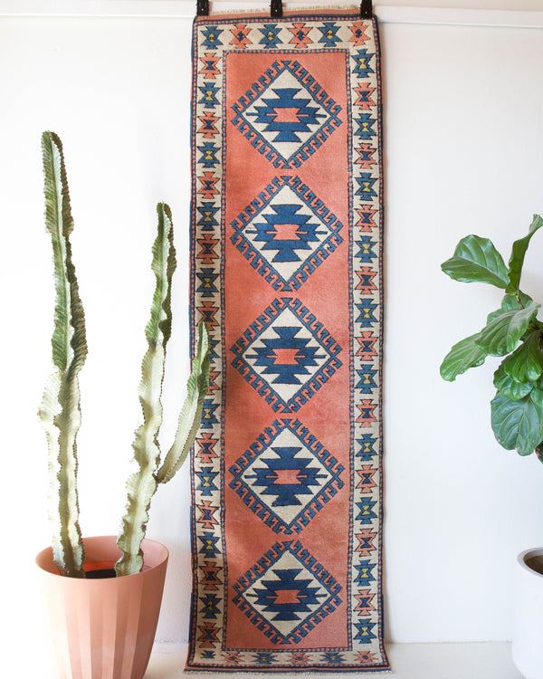 Vintage Turkish runner rug in living room setting, old rug, antique rug, pastel colors, faded colors, Turkish rug, vintage rug, soft rug, Portland, Oregon, rug store, rug shop, local shop