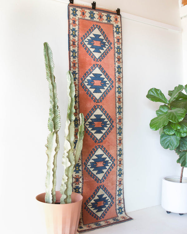 Vintage Turkish runner rug in living room setting, old rug, antique rug, pastel colors, faded colors, Turkish rug, vintage rug, soft rug, Portland, Oregon, rug store, rug shop, local shop