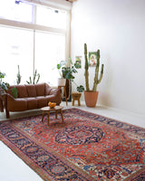 Antique Persian area rug in a living room setting, pile rug, vintage rug, portland, rug shop, bright colors, wild shaman, soft rug, bold color, Portland, Oregon, rug store, rug shop, local shop, antique rug, Persian rug, handmade rug, wool rug