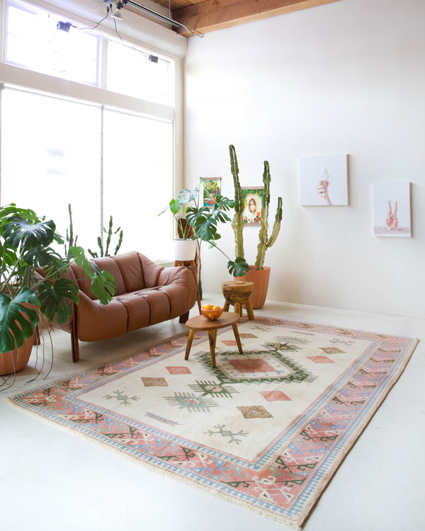 Vintage Turkish rug in living room setting, old rug, antique rug, pastel colors, faded colors, Turkish rug, vintage rug, soft rug, Portland, Oregon, rug store, rug shop, local shop