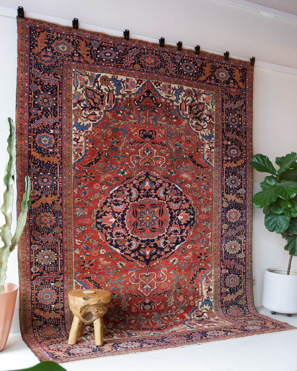 Antique Persian area rug in a living room setting, pile rug, vintage rug, portland, rug shop, bright colors, wild shaman, soft rug, bold color, Portland, Oregon, rug store, rug shop, local shop, antique rug, Persian rug, handmade rug, wool rug