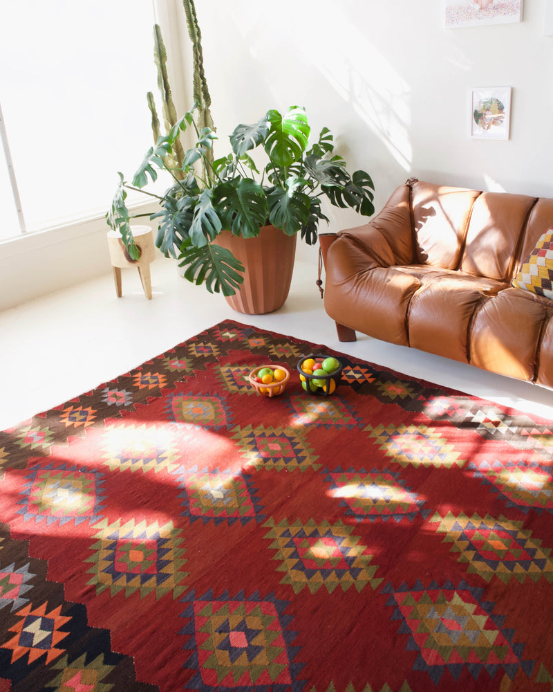 Turkish rug, vintage rug, flat weave, kilim rug, large area rug, square rug, Wild Shaman, Portland, Oregon, rug store, rug shop, local shop,  bright colors, area rug, bold color