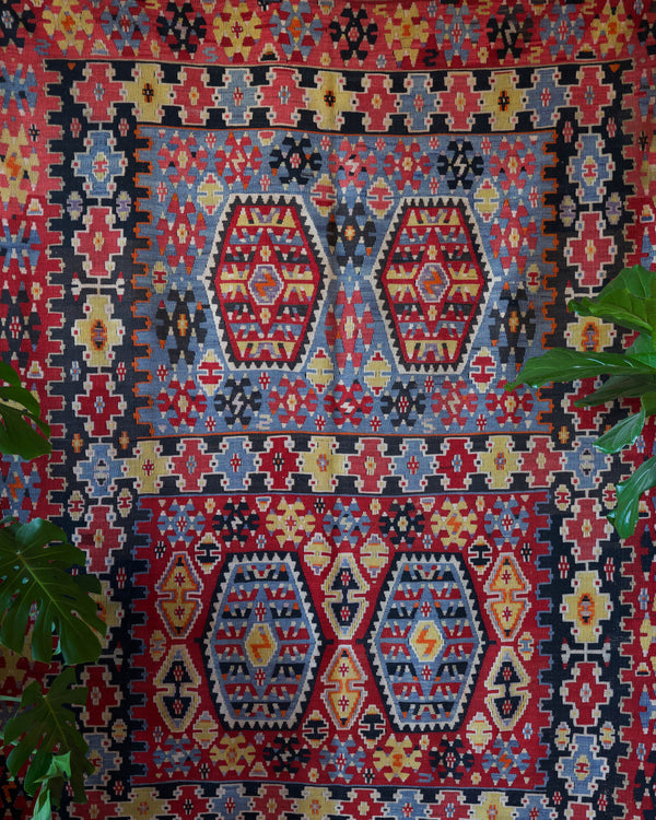 Vintage kilim rug in living room setting, bright colors, wild shaman, soft rug, bold color, Portland, Oregon, rug store, rug shop, local shop, vintage rug, modern kilim, warm colors