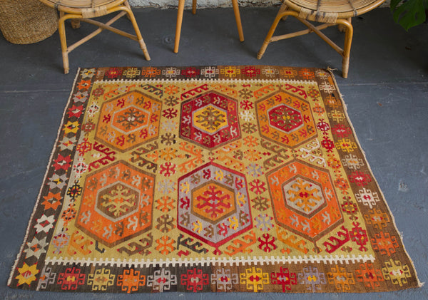 old rug, antique rug, earthy colors, faded colors, Turkish rug, vintage rug, flat weave, kilim rug, large area rug, square rug, Wild Shaman, Portland, Oregon, rug store, rug shop, local shop