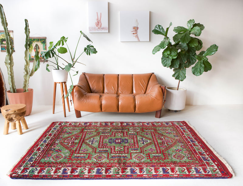 Vintage Turkish rug in a living room setting, pile rug, Turkish rug, vintage rug, portland, rug shop, bright colors, wild shaman, soft rug, bold color, Portland, Oregon, rug store, rug shop, local shop, antique rug, earthy colors