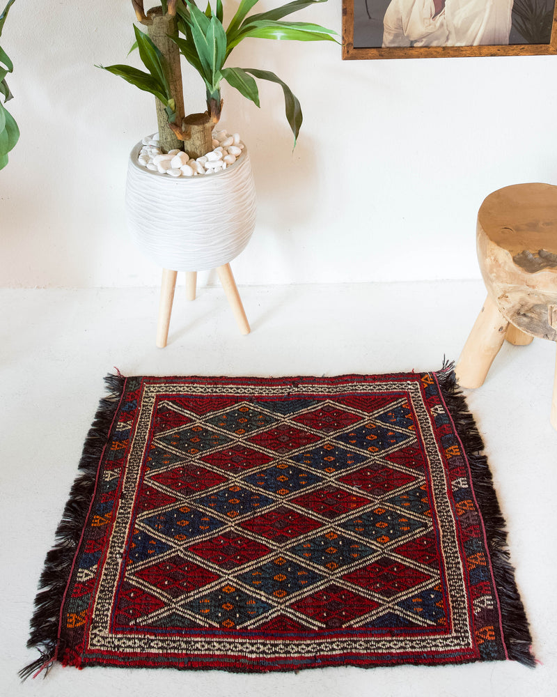 Vintage mini kilim rug in room decor setting, kilim, Turkish rug, vintage rug, portland, rug shop, bright colors, wild shaman, soft rug, bold color, Portland, Oregon, rug store, rug shop, local shop