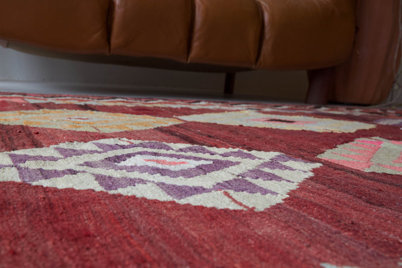  Vintage kilim rug in living room setting, bright colors, wild shaman, soft rug, bold color, Portland, Oregon, rug store, rug shop, local shop, vintage rug, modern kilim, warm 