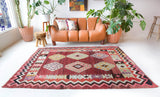  Vintage kilim rug in living room setting, bright colors, wild shaman, soft rug, bold color, Portland, Oregon, rug store, rug shop, local shop, vintage rug, modern kilim, warm 