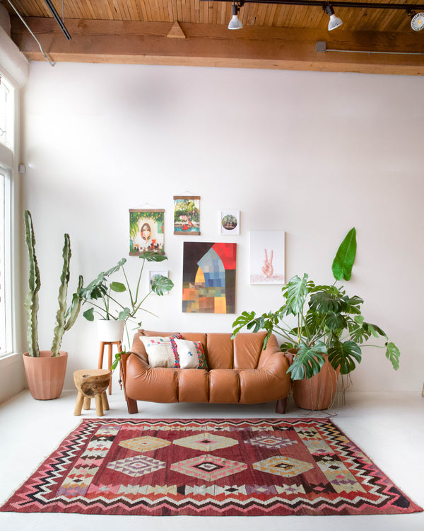  Vintage kilim rug in living room setting, bright colors, wild shaman, soft rug, bold color, Portland, Oregon, rug store, rug shop, local shop, vintage rug, modern kilim, warm 