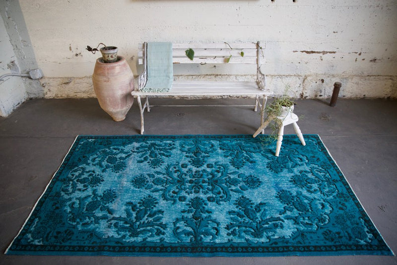 Vintage Overdyed Isparta Rug in deep blue 4ftx7ft