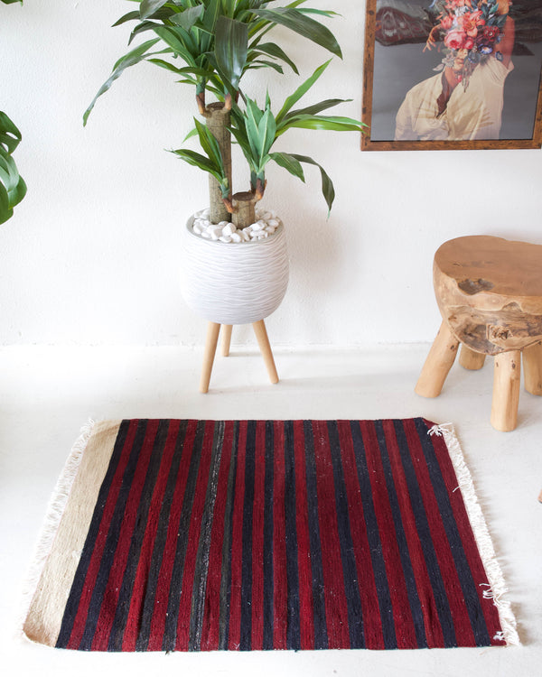 Vintage mini kilim rug in room decor setting, kilim, Turkish rug, vintage rug, portland, rug shop, bright colors, wild shaman, soft rug, bold color, Portland, Oregon, rug store, rug shop, local shop