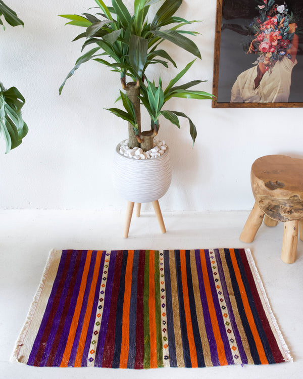 Vintage mini kilim rug in room decor setting, kilim, Turkish rug, vintage rug, portland, rug shop, bright colors, wild shaman, soft rug, bold color, Portland, Oregon, rug store, rug shop, local shop