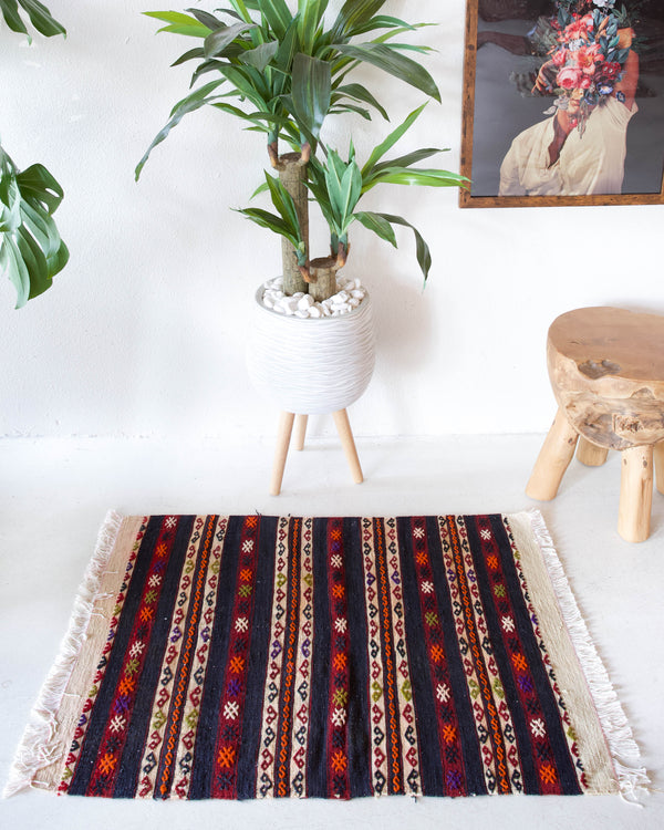 Vintage mini kilim rug in room decor setting, kilim, Turkish rug, vintage rug, portland, rug shop, bright colors, wild shaman, soft rug, bold color, Portland, Oregon, rug store, rug shop, local shop