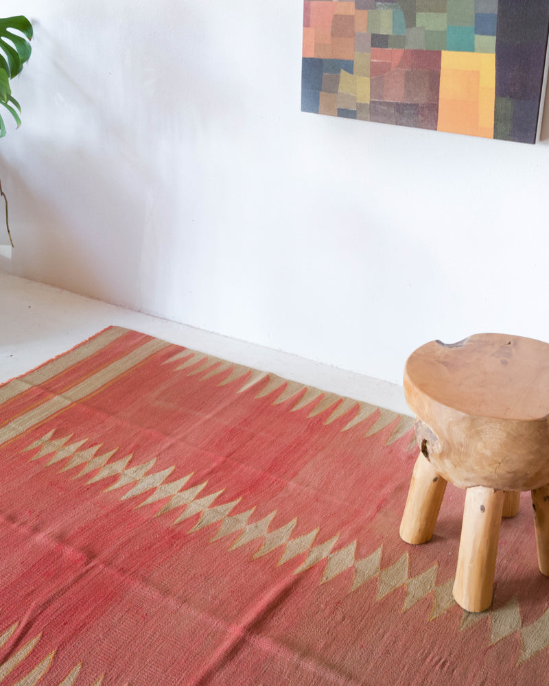 Vintage kilim rug in living room setting, old rug, antique rug, pastel colors, faded colors, Turkish rug, vintage rug, soft rug, Portland, Oregon, rug store, rug shop, local shop, earthy tones, earthy colors, warm colors