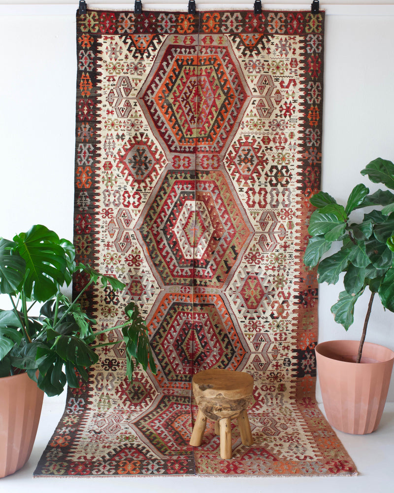 old rug, antique rug, earthy colors, faded colors, Turkish rug, vintage rug, flat weave, kilim rug, large area rug, square rug, Wild Shaman, Portland, Oregon, rug store, rug shop, local shop