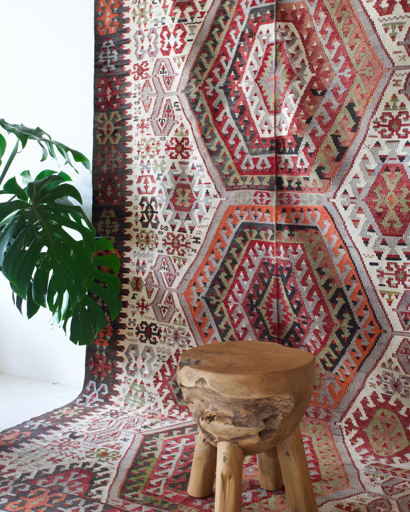 old rug, antique rug, earthy colors, faded colors, Turkish rug, vintage rug, flat weave, kilim rug, large area rug, square rug, Wild Shaman, Portland, Oregon, rug store, rug shop, local shop