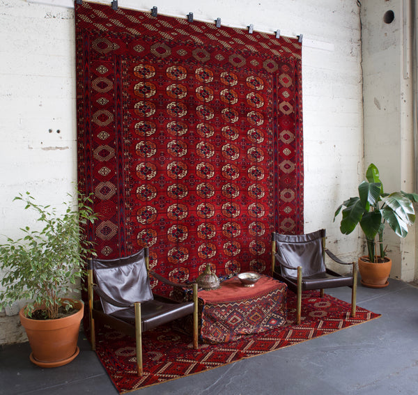 old rug, antique rug, Turkish rug, Portland, Oregon, rug store, rug shop, local shop, bright colors, wild shaman, large rug, area rug, red rug, bold color, baluch rug, burgundy, dark red