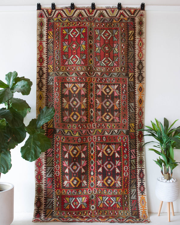 Vintage kilim rug in living room setting, old rug, antique rug, pastel colors, faded colors, Turkish rug, vintage rug, soft rug, Portland, Oregon, rug store, rug shop, local shop, earthy tones, earthy colors, warm colors