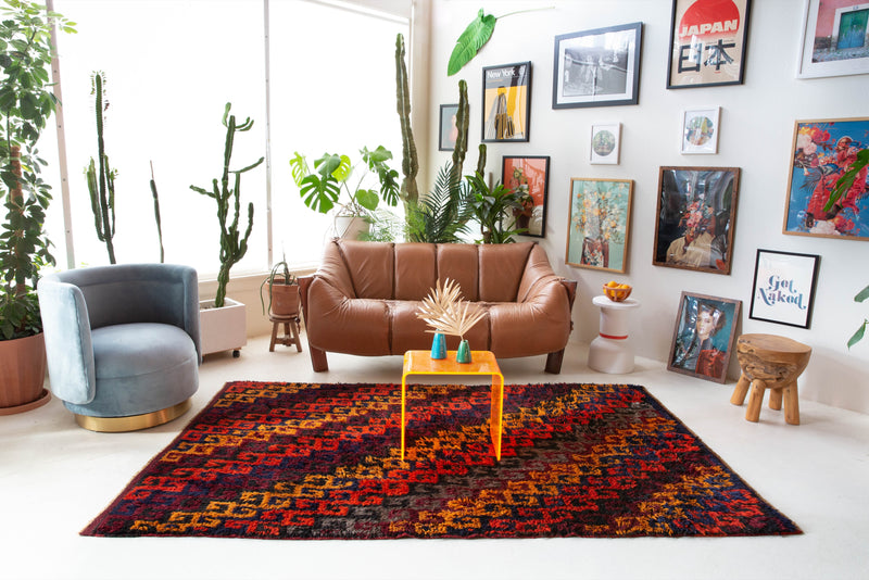  Vintage Turkish rug in a living room setting, pile rug, Turkish rug, vintage rug, portland, rug shop, bright colors, wild shaman, soft rug, bold color, Portland, Oregon, rug store, rug shop, local shop, shag rug, shaggy, plush,tulu rugs