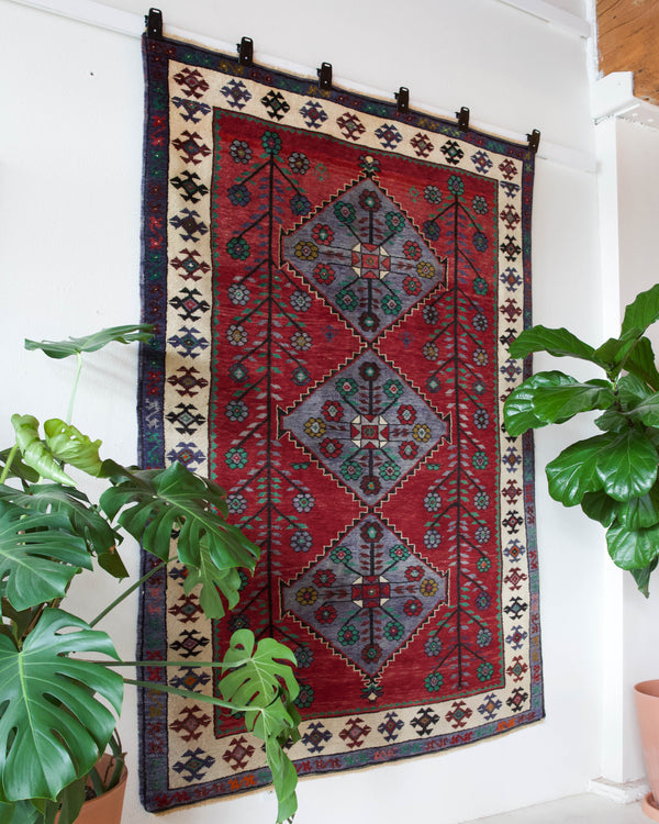 Vintage Turkish rug in a living room setting, pile rug, Turkish rug, vintage rug, portland, rug shop, bright colors, wild shaman, soft rug, bold color, Portland, Oregon, rug store, rug shop, local shop, antique rug