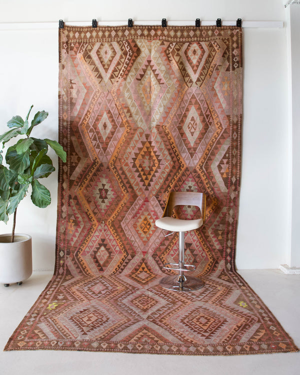 Vintage kilim rug in living room setting, old rug, antique rug, pastel colors, faded colors, Turkish rug, vintage rug, soft rug, Portland, Oregon, rug store, rug shop, local shop, earthy tones, earthy colors, warm colors