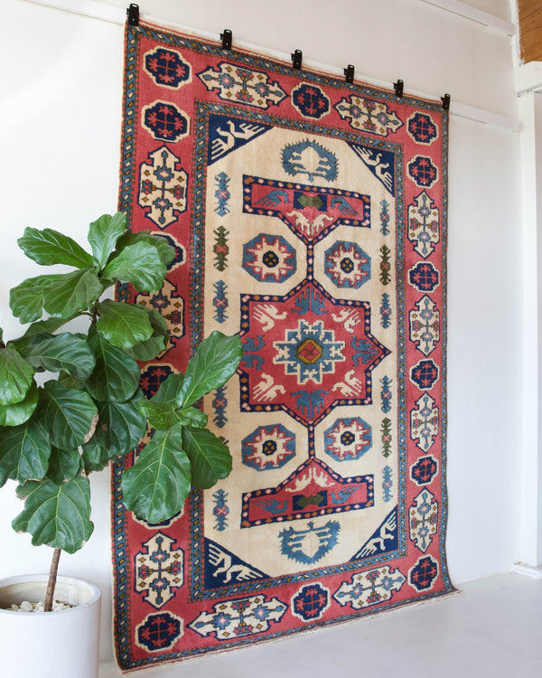 Vintage Turkish rug in a living room setting, pile rug, Turkish rug, vintage rug, portland, rug shop, bright colors, wild shaman, soft rug, bold color, Portland, Oregon, rug store, rug shop, local shop