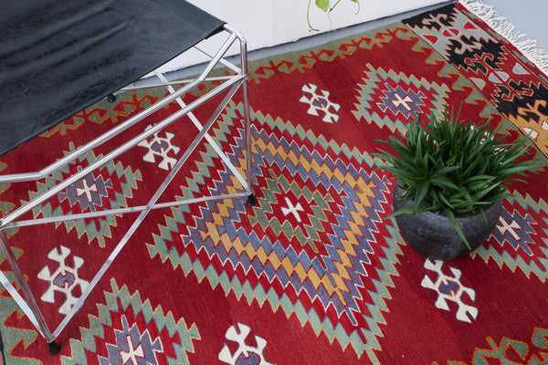 Turkish rug, vintage rug, flat weave, kilim rug, large area rug, square rug, Wild Shaman, Portland, Oregon, rug store, rug shop, local shop,  bright colors, area rug, red rug, bold color