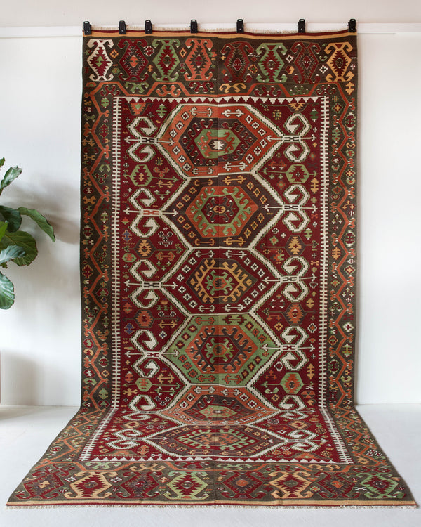 Vintage kilim rug in living room setting, bright colors, wild shaman, soft rug, bold color, Portland, Oregon, rug store, rug shop, local shop, vintage rug, modern kilim, warm colors