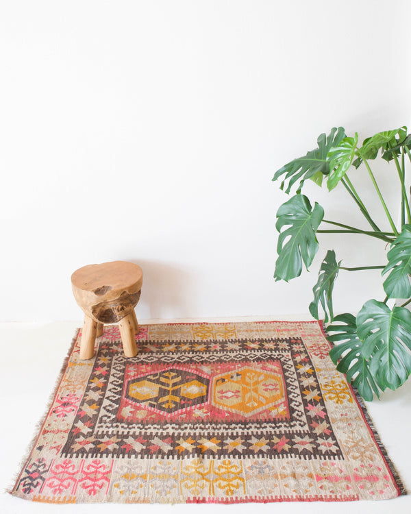 old rug, antique rug, earthy colors, faded colors, Turkish rug, vintage rug, flat weave, kilim rug, large area rug, square rug, Wild Shaman, Portland, Oregon, rug store, rug shop, local shop