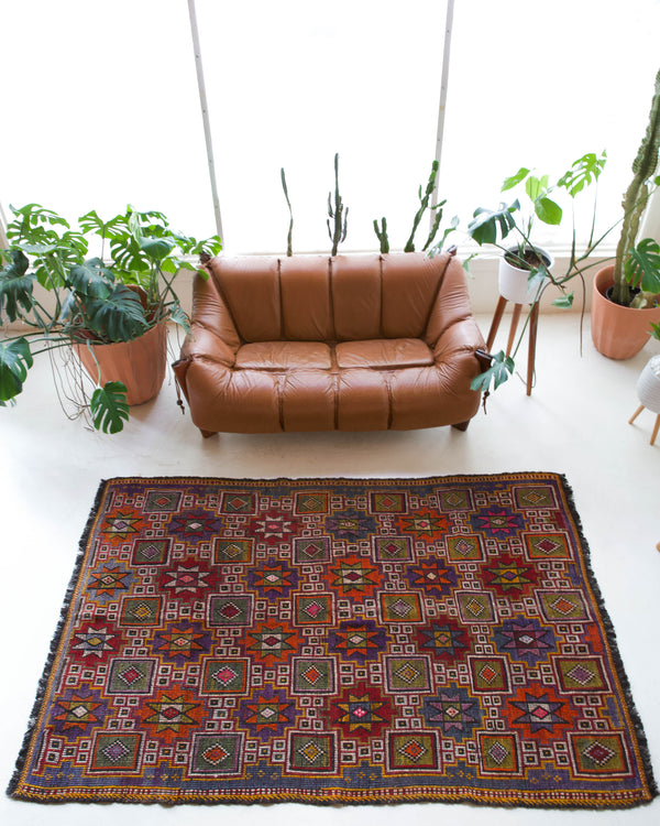 Vintage kilim rug in living room setting, bright colors, wild shaman, soft rug, bold color, Portland, Oregon, rug store, rug shop, local shop, vintage rug, modern kilim, warm colors
