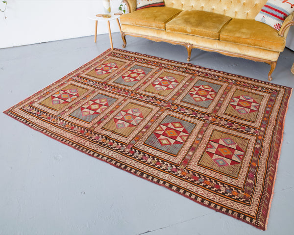 old rug, antique rug, earthy colors, faded colors, Turkish rug, vintage rug, flat weave, kilim rug, large area rug, square rug, Wild Shaman, Portland, Oregon, rug store, rug shop, local shop