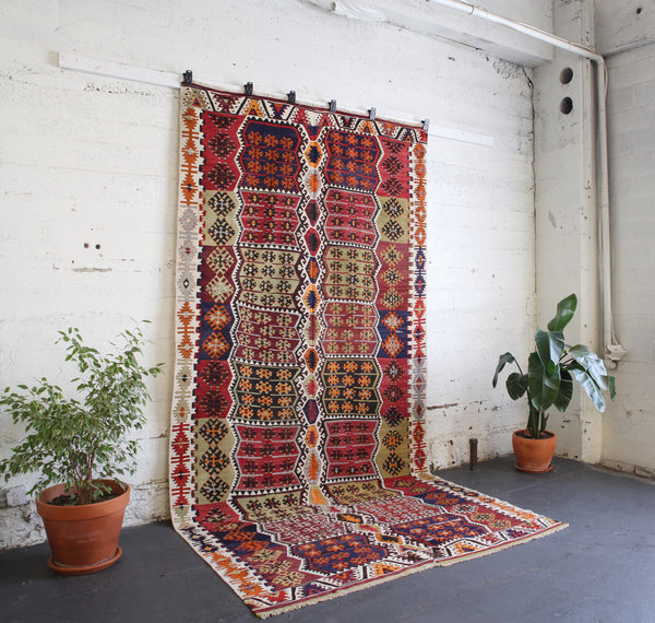 Turkish rug, vintage rug, flat weave, kilim rug, large area rug, square rug, Wild Shaman, Portland, Oregon, rug store, rug shop, local shop,  bright colors, area rug, red rug, bold color