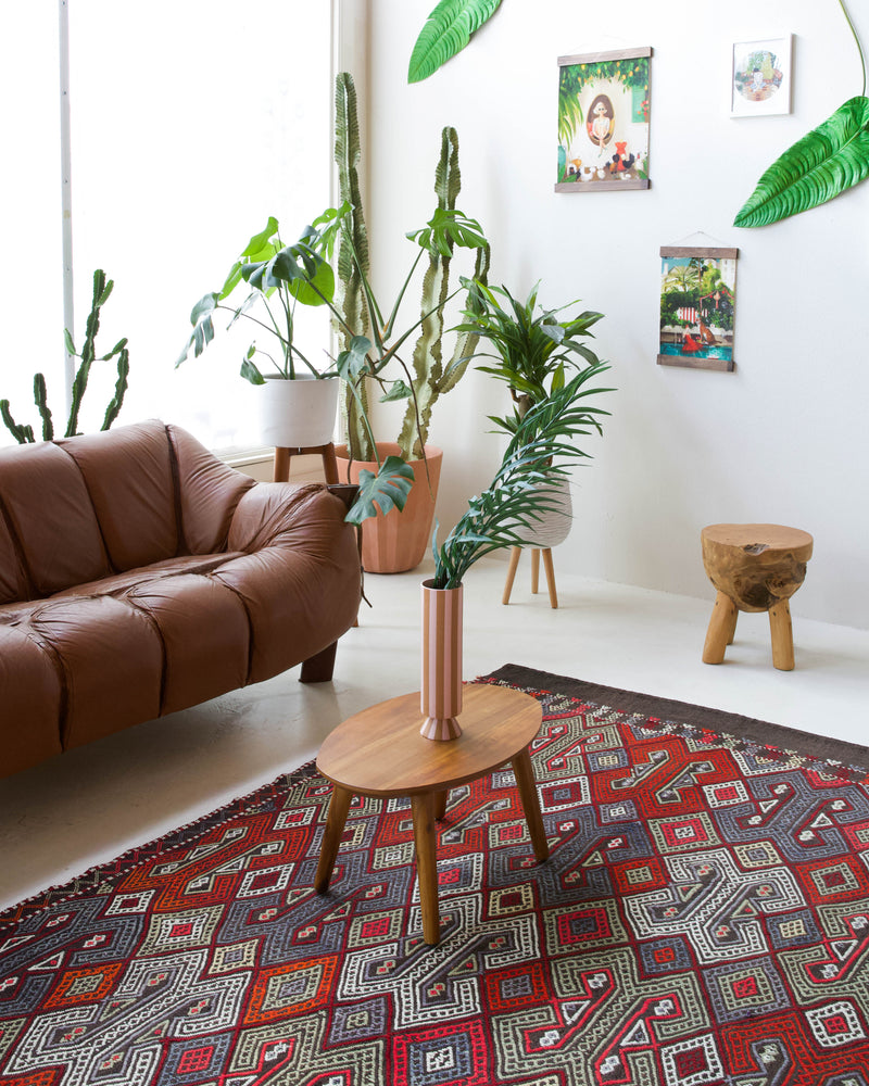 Vintage kilim rug in living room setting, bright colors, wild shaman, soft rug, bold color, Portland, Oregon, rug store, rug shop, local shop, vintage rug, modern kilim, warm colors